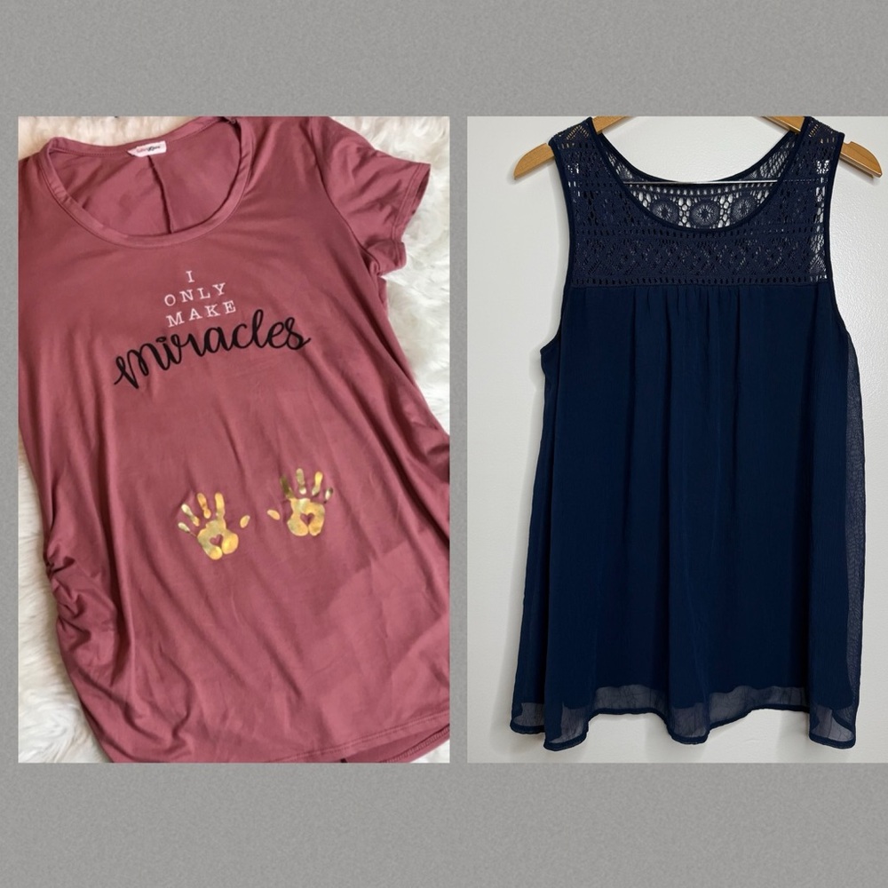 2 Size Large Maternity Tops Ruby & Lace short sleeve & Liz Lange Blue Flowy Tank